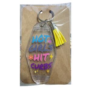 Hot Girls Hit Curbs Clear Glitter and Yellow Tassel Vintage Hotel Motel Keychain